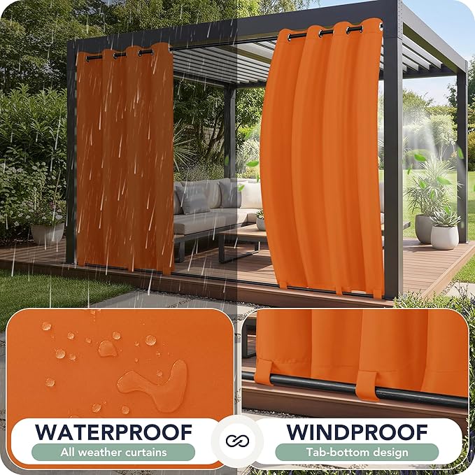 Outdoor Curtains for Patio Waterproof 6 Panels - Windproof, Privacy, Weatherproof Outside Drapes for Gazebo Pergola Porch, Grommet Top and Tab Bottom, 54x95 Inch, Mecca Orange RichSets