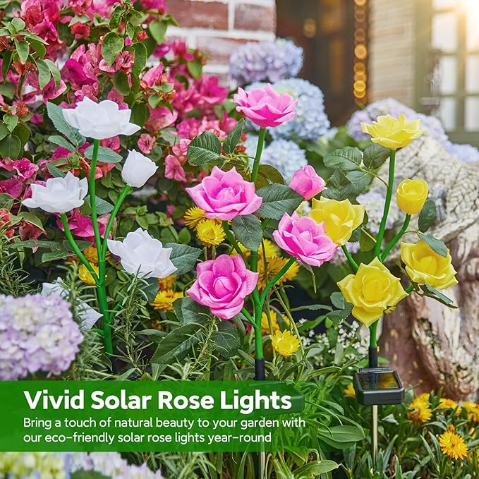 RECHOO Solar Garden Lights Outdoor Decorative, 3 Pack Solar Flower Lights with 15 Rose Flowers, Multi-Color Changing LED Waterproof Garden Decor for Landscape Pathway, Mother's Day Gifts for Women RECHOO