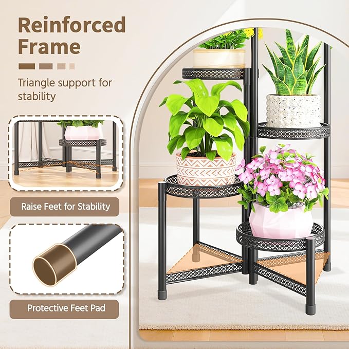 LASZOLA 5 Tiered Folding Tall Plant Stand Indoor Outdoor for Large Planter, Heavy Duty Metal Adjustable Multiple Flower Rack for Corner, Wrought Iron High Spiral Holder for Modern House Patio, Black LASZOLA
