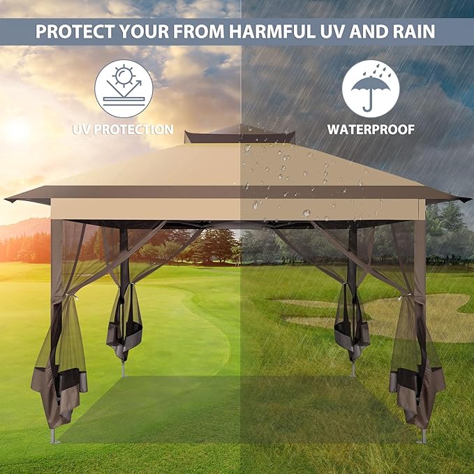 COBIZI 11x11 FT Pop up Gazebo Canopy Tent - Outdoor pop up gazebos on Clearance,carpas para Patio,Shelter - Screen Tents with Portable Carry Bag,Patio Gazebos for Camping,Garden,Deck,Backyard,Brown COBIZI