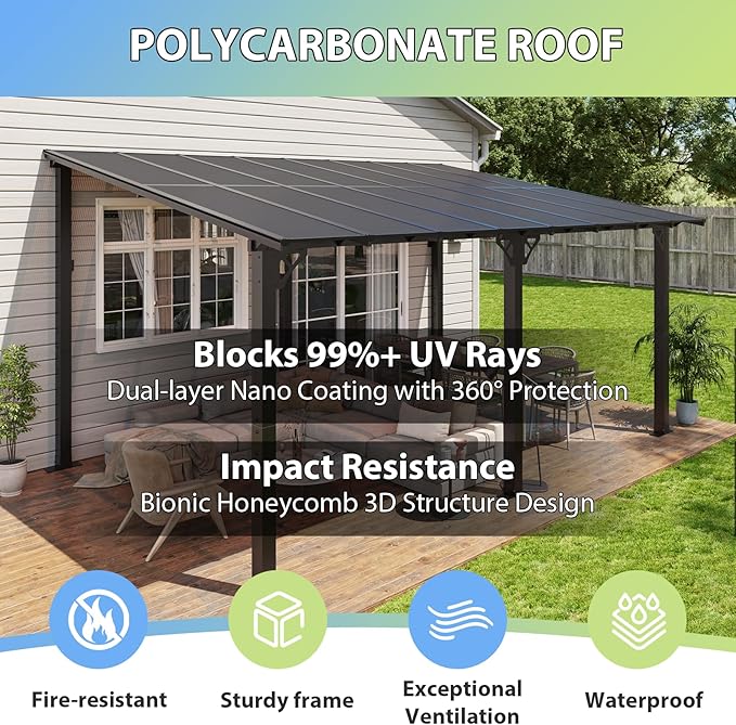 Aoxun 16'x 10' Premium Gazebo with Aluminum Top Frame & Polycarbonate Panel, Wall Mounted Gazebos Pergola, Outdoor Patio Lean to Gazebo, Awnings with Sloped Roof, for Backyard, Porch, Deck Aoxun