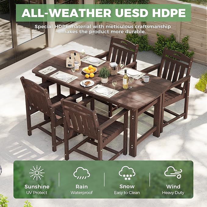 5-Piece Outdoor Dining Furniture Set with Chairs, All-Weather HDPE Patio Table and 4 Chairs, Umbrella Hole, for Garden Backyard or Deck - Brown Suunyn