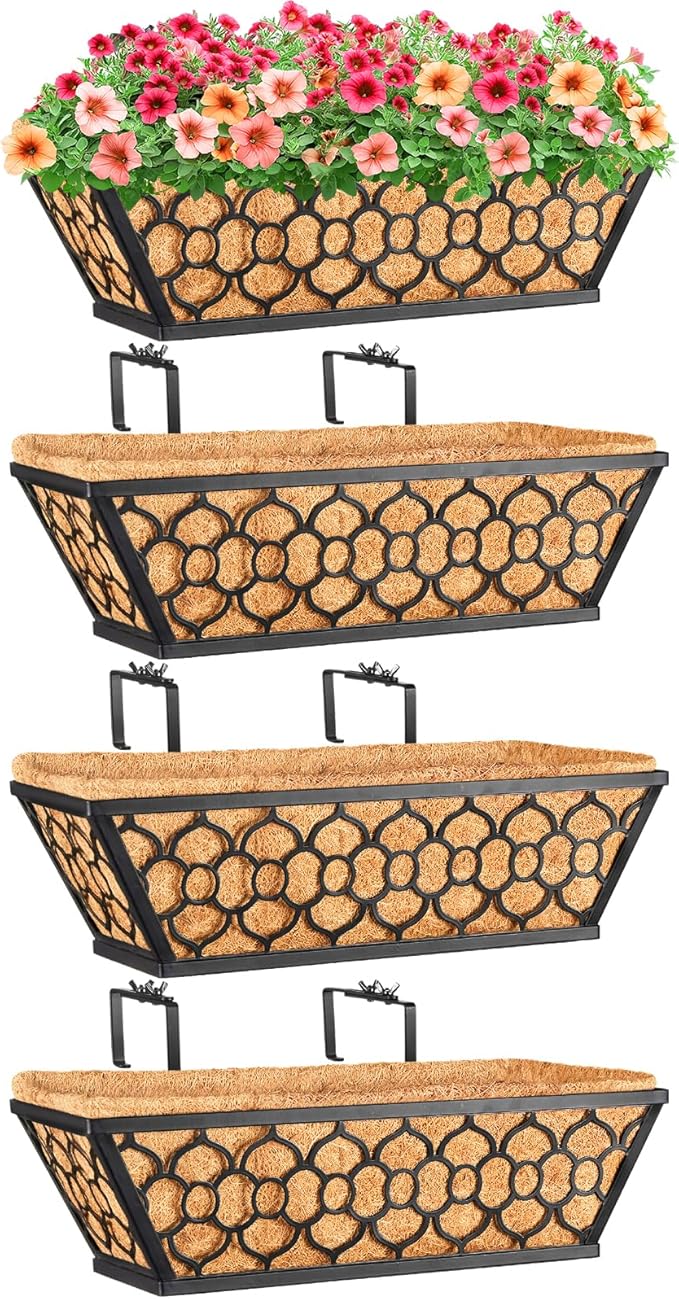 Riare 4 Pack 16 Inch Window Boxes Planters with Coco Liner, Metal Deck Railing Planter Boxes, Balcony Planters Railing Hanging, Horse Trough Window Flower Planter Boxes for Outdoor Porch Fence Patio Riare