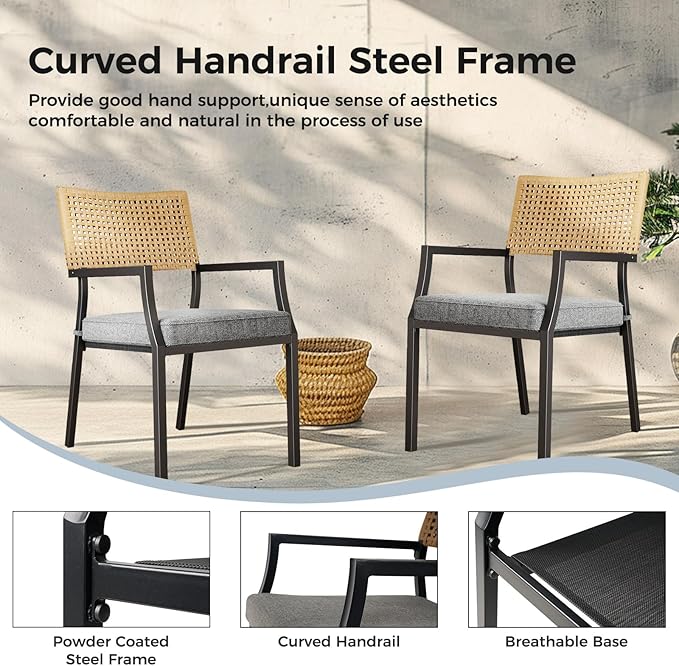 Grand Patio Outdoor Dining Chair Set of 2, 2-Piece Stackable Wicker Chairs with Cushions and Armrest for Restaurant, Garden, Porch, Lawn and Poolside GrandPatio