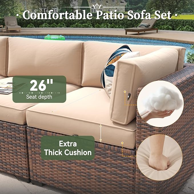 Aoxun 14 Piece Patio Furniture Set Wicker Rattan Patio Conversation Set Outdoor Sectional Sofa Set with Coffee Table and Thickened Cushions, Beige(Waterproof Cover Included) Aoxun