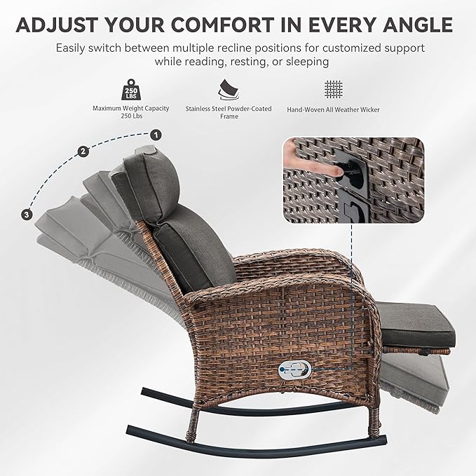 Zero Gravity Patio Rocking Wicker Recliner Chair - Wicker Outdoor Lounge Chair with Adjustable Backrest & Footrest, All Weather Reclining Rocker Chairs with Thick Cushion for Pool Deck Gray JelwalyPatioFurnitureSet
