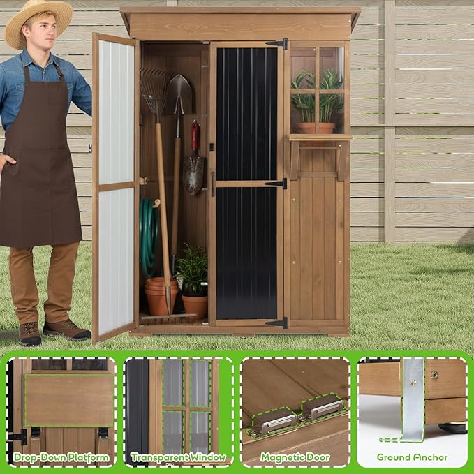 51" L Outdoor Storage Cabinet Waterproof with Shelves, Outside Storage Shed Backyard Tall Cabinet with Fold-Out Table for Patio, Garage, Garden, Pool Accessories Storage PETSCOSSET