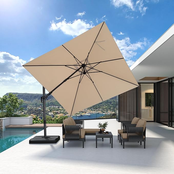 PURPLE LEAF 10' X 10' Left-right Tilting Patio Umbrella Outdoor Cantilever Swivel Square Umbrella with Tilt Aluminum Offset Umbrella with 360-degree Rotation for Garden Deck Pool Patio Beige PURPLELEAF