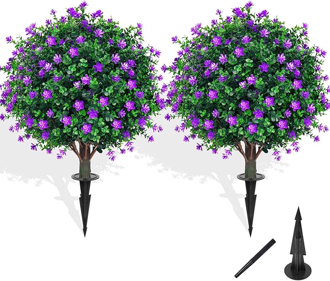 Artificial Boxwood Topiary Tree with Flower, Set of 2 Artificial Shrub Bushes with Ground Spike, Fake Evergreen Tree for Porch, Artificial Plants for Outdoor Planters Indoor UV Resistant FEELTHENEWWORLD