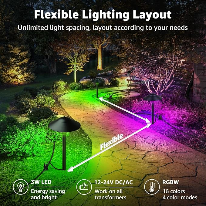 SUNVIE All-in-One RGBW Landscape Lighting Kit, 8 Pack Color Changing Low Voltage Landscape Lights with Connector Transformer 100FT Wire, 3W Multi-Color Pathway Lights for Holiday Walkway Garden Yard SUNVIE