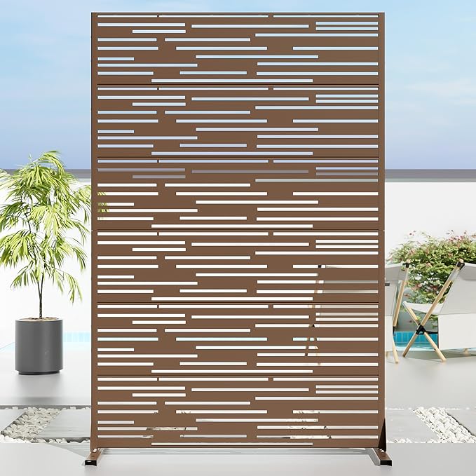 Casaphoria Metal Privacy Screen Outdoor, 72" H x 47" W Freestanding Decorative Privacy Screen for Patio Deck Balcony Garden with Stable Base, Brown-Shine Casaphoria