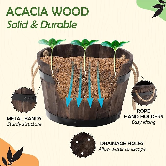 Set of 3 Wooden Flower Boxes Outdoor, Durable Acacia Wood Barrel Planters for Outdoor Plants with Ergonomic Handles, Drainage Holes, Multiple Sizes Wood Bucket Planter for Home Décor Idzo