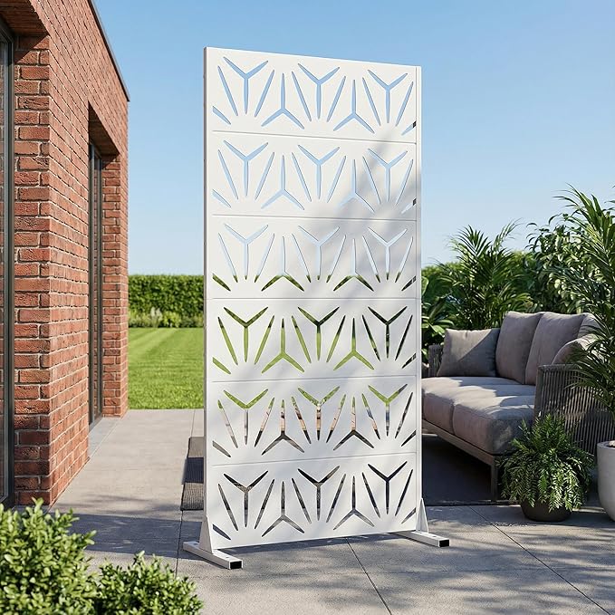 Casaphoria Metal Privacy Screen Outdoor, 72" H x 35" W Freestanding Decorative Privacy Screen for Patio Deck Balcony Garden with Stable Base, White-Star Casaphoria