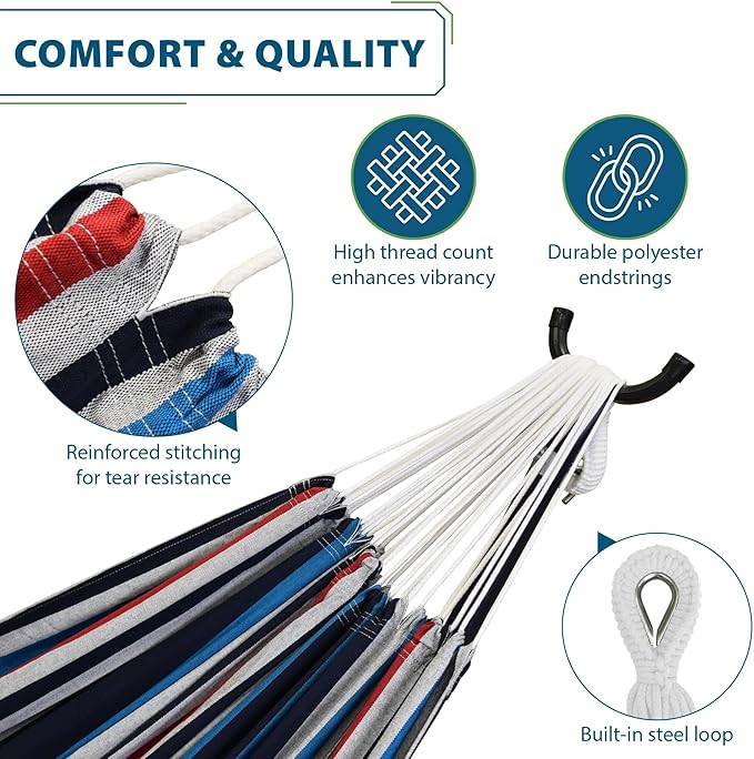 Vivere Double Cotton Hammock with Space Saving Steel Stand, Upgraded Polyester End Strings 450 lb Capacity - Premium Carry Bag Included - (Denim) Vivere