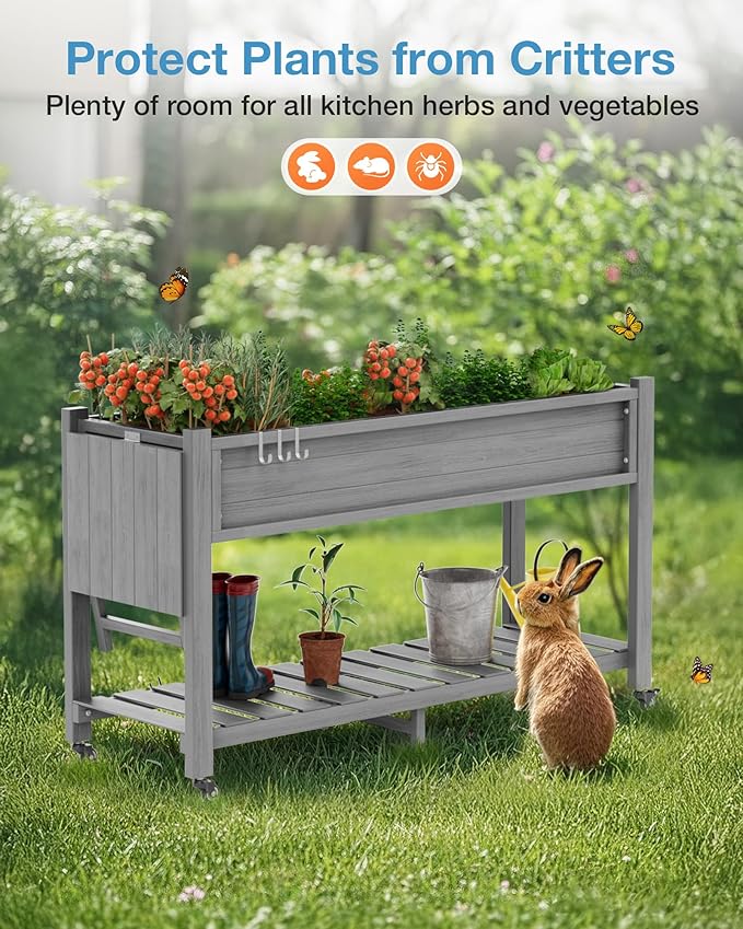 YEFU Raised Garden Bed with Legs: 57x18x30in Elevated Poly Planter with Wheels,Waterproof Mobile Raised Bed Garden, Elevated Planter Box Stand with Storage Shelf,for Deck,Patio,Porch,Yard (Grey,2pcs) YEFU