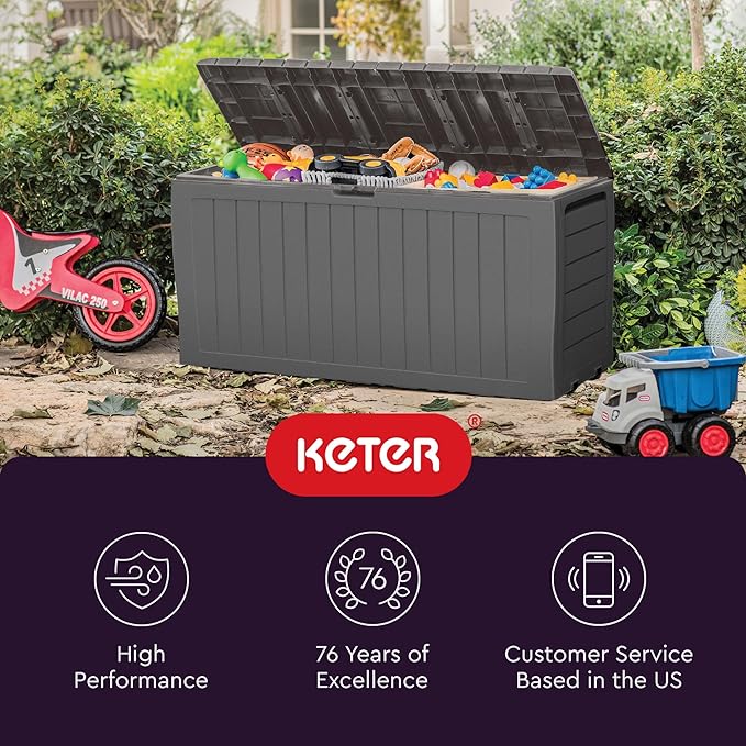 Keter Marvel Plus 71 Gallon Resin Outdoor Storage Box for Patio, Balcony & Garden – Weather‑Resistant Deck Box for Cushions, Pillows, Pool Floats & Tools, Light Grey Keter