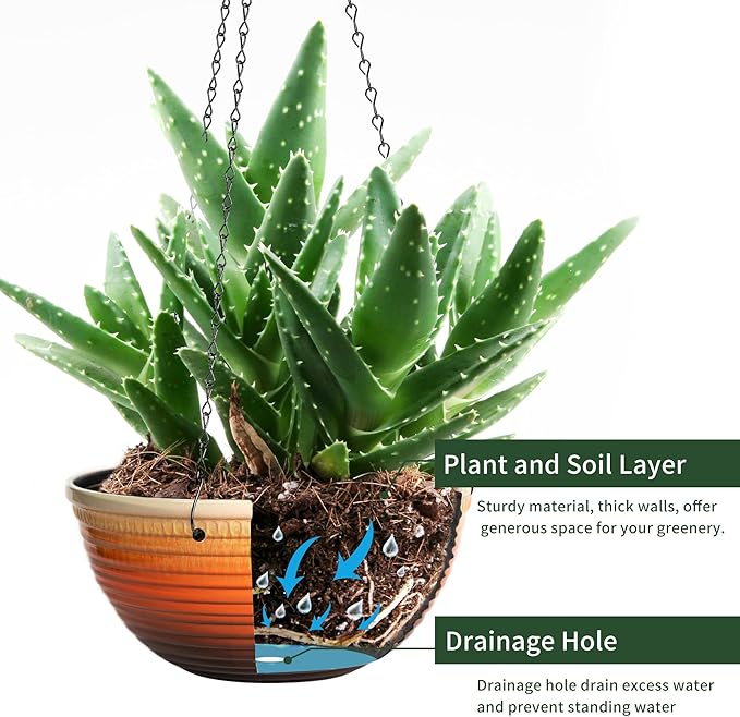 12 inch Hanging Planters for Indoor Outdoor Plants, 2 Pack Large Hanging Flower Pots with Drainage Holes and Chain, Glazed Hanging Baskets for Home Garden Decoration, Orange Vanslogreen