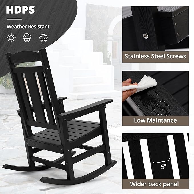 LUE BONA Outdoor Rocking Chairs Set of 2, Weather Resistant Poly Plastic Rocker, 350lb Heavy Duty, Oversized Porch Rocker for Adult, High Back Smooth for Outdoor & Indoor, Black LUEBONA