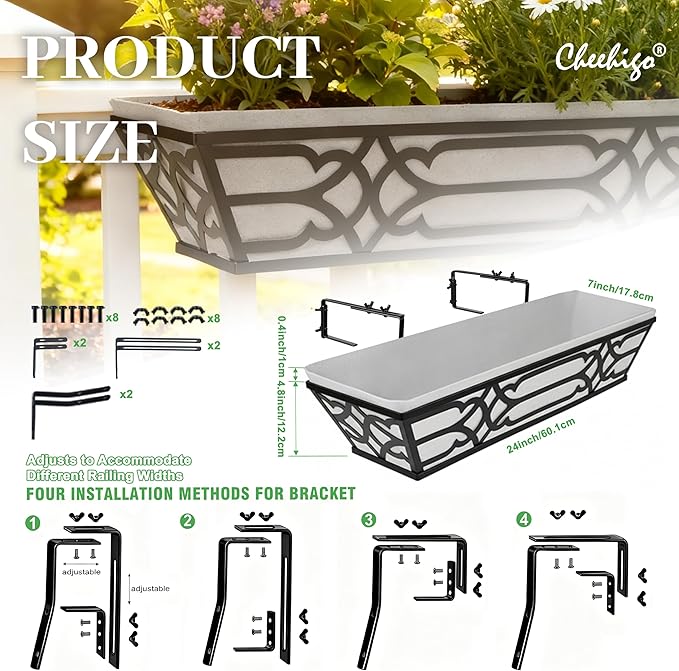 4 Pack 24 Inch Railing Boxes Planter for Outdoor Plants Adjustable Brackets for Porch Fence and Balcony Window Planter Box with Non-Woven Fabric Liner for Hanging Flower Baskets cheehigo