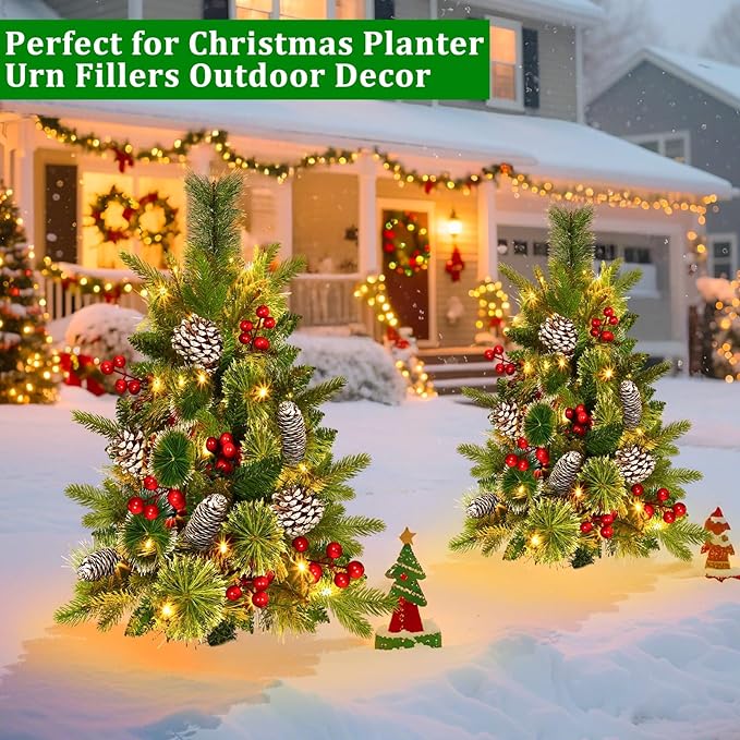 2 Pack Outdoor Christmas Tree Urn Fillers with 8 Modes Timer, 40 Warm & Colorful Change Lights, Pinecones Red Berries Decorations, Battery Operated for Holiday Planters Yard Porch Pathway Xmas Decor Grandeal