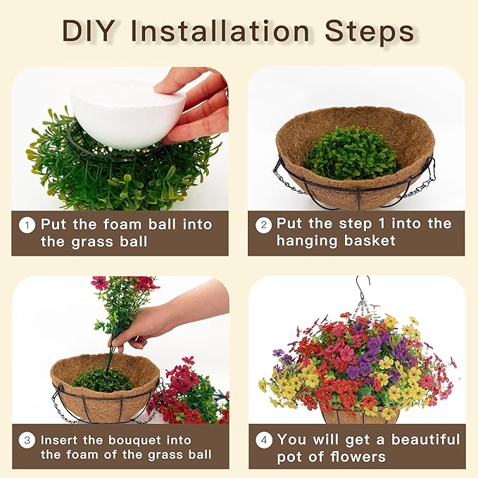 Senjie 12 Bundles Artificial Hanging Flowers with Basket for Outdoor Decor, UV Resistant Faux Flowers Fake Hanging Planter for Porch Patio Balcony Senjie