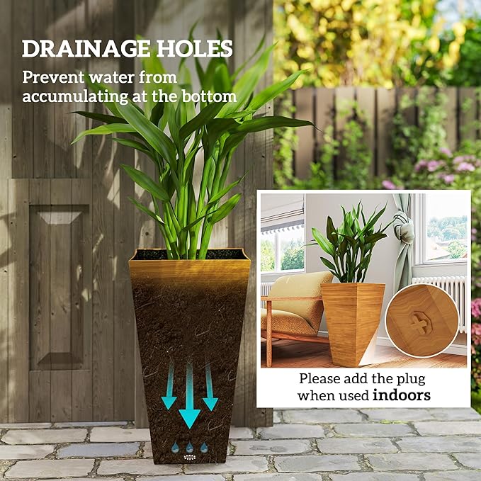 Outsunny Tall Planter for Outdoor Plants Set of 3, 28 Inch Taper Planter with Drainage Holes, Wood Grain Decor Garden Pot for Indoor Outdoor Porch Patio Backyard, Light Brown Outsunny
