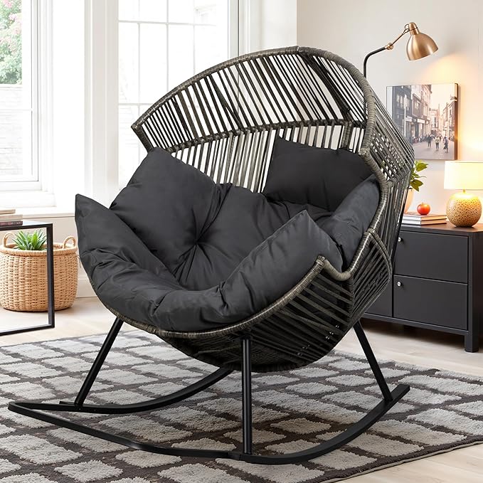 Vongrasig Wicker Rocking Egg Chair PE Rattan with Cushion, Oversized Patio Lounge Rocker Chair for Outdoor, Indoor, Balcony, Backyard, Garden, Black/Rattan Vongrasig