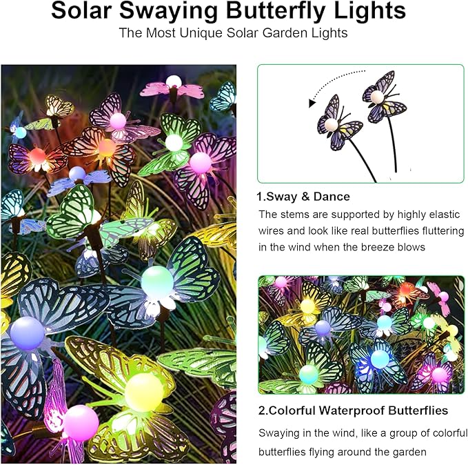 Solar Garden Butterfly Lights, 4 Pack 48 LED Solar Swaying Lights, 7 Color Changing Waterproof Firefly Light Outdoor Fairy Light for Garden Patio Yard Pathway Flower Bed Decoration MRHEPHAESTUS