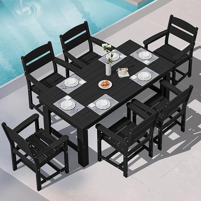 SERWALL Outdoor Dining Table Set, 67‘’ HDPE Patio Dining Set for 6, Wood-Like All-Weather Outdoor Table and Chairs Set for Lawn, Black SERWALL