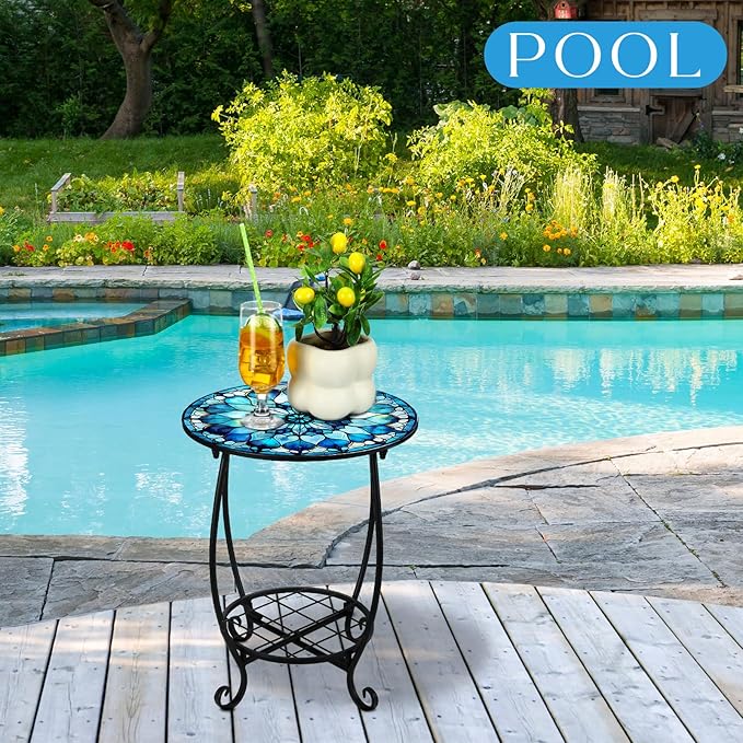 Outdoor Side Table Round Small Mosaic Patio Accent Indoor End Plant Coffee Tea Table for Yard Patio Porch Garden Living Room, Bedroom(Mandala Style,12 Inch) Cinnvoice