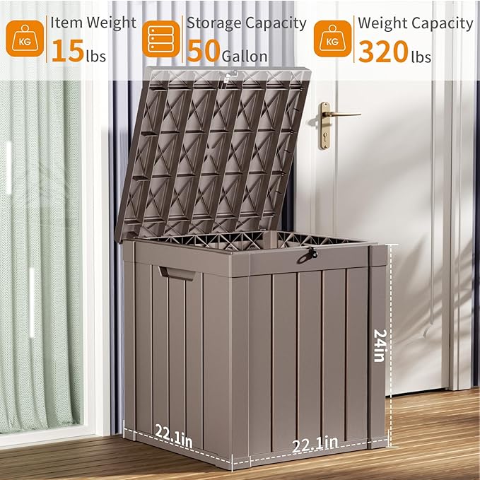 EasyUp 50 Gallon Deck Box Outdoor Storage Box for Patio Furniture,Outdoor Cushions,Garden Tools and Pool Supplies,Waterproof,Resin（Gray） EASYUP