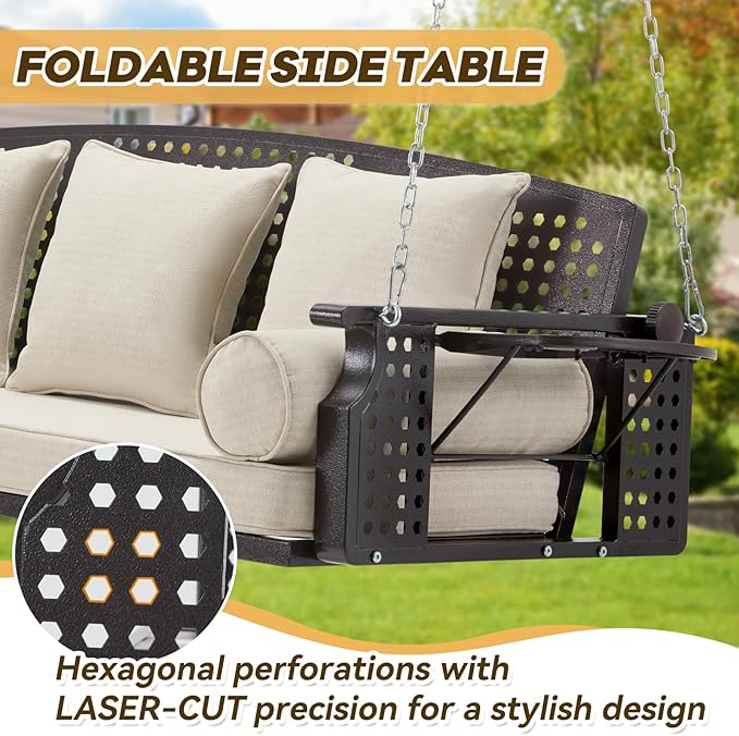 3 Seat Porch Swing, Patio Swing Bench with Cup Holders & 3 Back Cushions, Swing Chair with Chains for Deck Garden Backyard,Beige YALISSEY