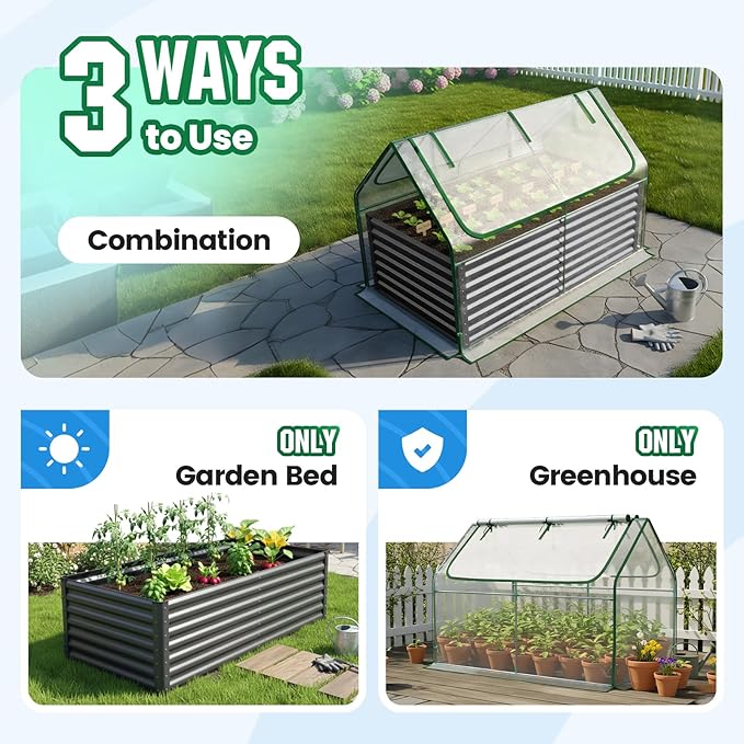 Quictent Raised Garden Bed Galvanized Raised Beds for Gardening Vegetables with Cover 6x3x2 ft Tall Metal Planter Box Outdoor Use (Clear) QUICTENT