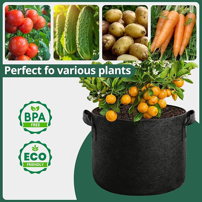 5 Pack 15 Gallon Grow Bags, Thickened Aeration Nonwoven Fabric Planting Bags with Handles, Heavy Duty 300G Garden Planter Bag for Tomato, Potato, Strawberry, Vegetable, Fruits and Flowers Rootora