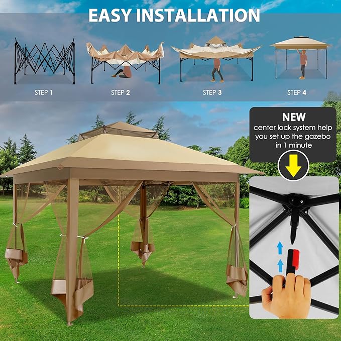 COBIZI 11x11 FT Pop up Gazebo Canopy Tent - Outdoor pop up gazebos on Clearance,carpas para Patio,Shelter - Screen Tents with Portable Carry Bag,Patio Gazebos for Camping,Garden,Deck,Backyard,Khaki COBIZI