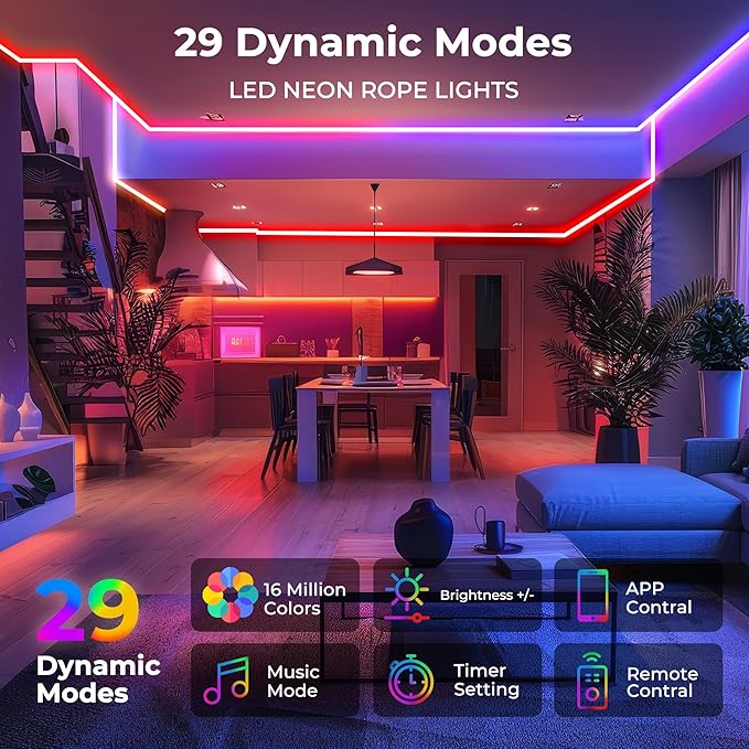 65.6FT LED Neon Rope Lights, Flexible Led Rope Lights Control with App/Remote, IP67 Outdoor RGB Color Changing Led Neon Lights Waterproof, Music Sync Led Strip Neon Lights for Bedroom Decor Rootora