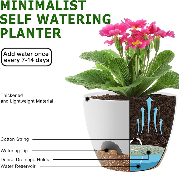 Plant Pots 10/9/8 Inch Self Watering Pots, Set of 3 Plastic Planters with Drainage Holes and Saucers,Plastic Flower Pots,Nursery Planting Pot for Indoor Out Door Plants（White） QRRICA