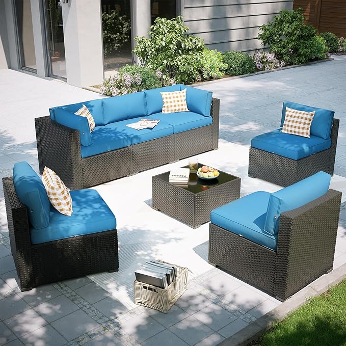 Aoxun Patio Furniture Set, 7 Piece Outdoor Sectional Sofas with Waterproof Cover, Wicker Rattan Outdoor Furniture Patio Conversation Set for Backyard, Garden Peacock Blue Aoxun
