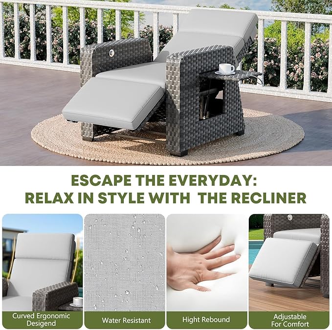 WACASA Outdoor Recliner Chair with Independent Dual-Control – 150° Lay-Flat Wicker Patio Armchair with Air Pump, Flip-Up Side Table, Extended Footrest & 5" Thick Fade-Resistant Olefin Cushions WACASA