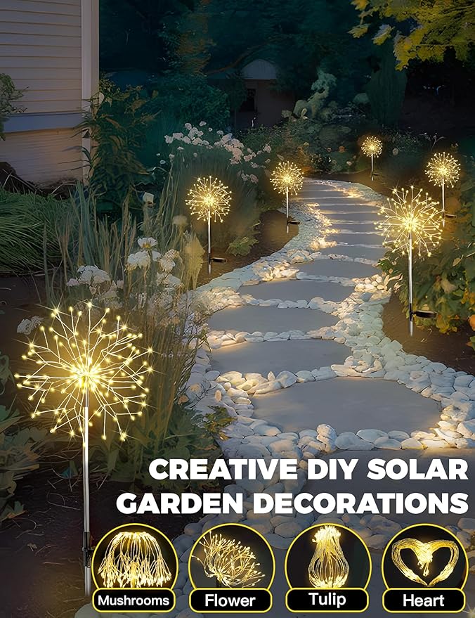 suddus Solar Garden Lights Outdoor Waterproof Decorative, 4Pack 150LED Firework Lights, Solar Fairy Lights for Yard, Garden, Party, Patio, Pathway, Flowerbed, Wedding - Warm White SUDDUS