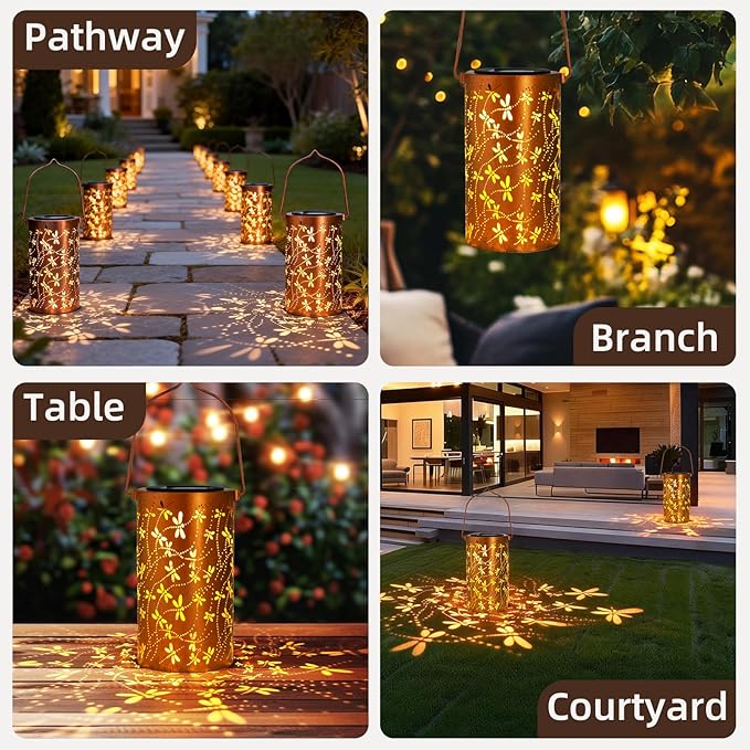 Birthday Gifts for Women Mom Grandma Ladies Solar Lanterns Outdoor Hanging Dragonfly Hollowed-Out Metal Waterproof LED Garden Decor Outside for Patio Yard Porch DIBIEECN
