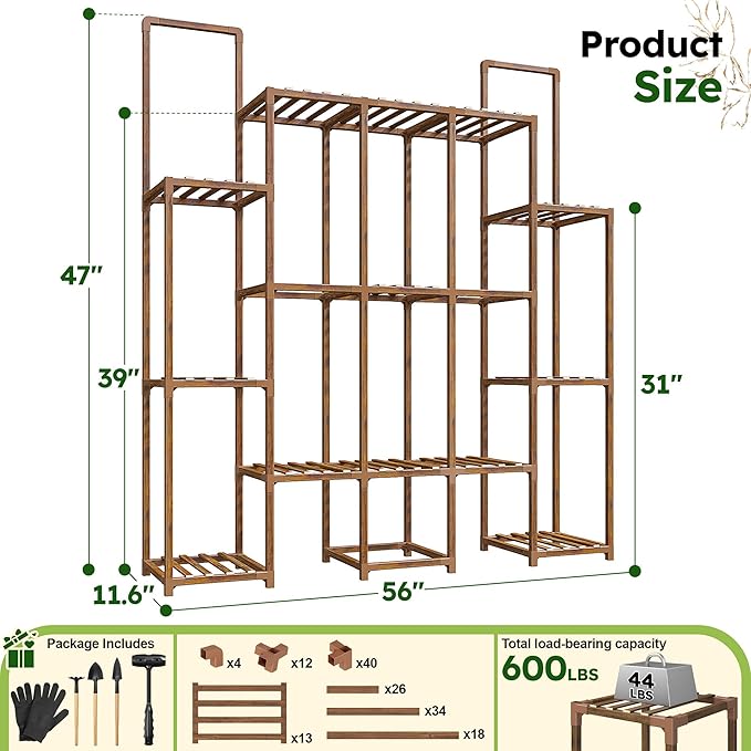 EnHomee Plant Stand Indoor for Multiple Plants Stand Outdoor with 18-22 Potted Double Rod for Hanging Plant Shelf 570 LBS Wood Plants Shelves for Living Room Patio Balcony Yard Garden 56''W×11.6''D×47''H EnHomee
