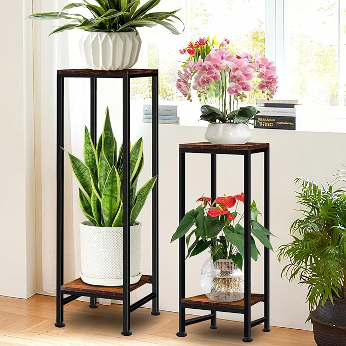 41" Tall Plant Stand Indoor, 2 Tier Plant stands for Indoor Outdoor Plants, Heavy Duty Flower Stand Metal Pedestal Stand Modern Display Rack for Living Room, Brown LUBORN