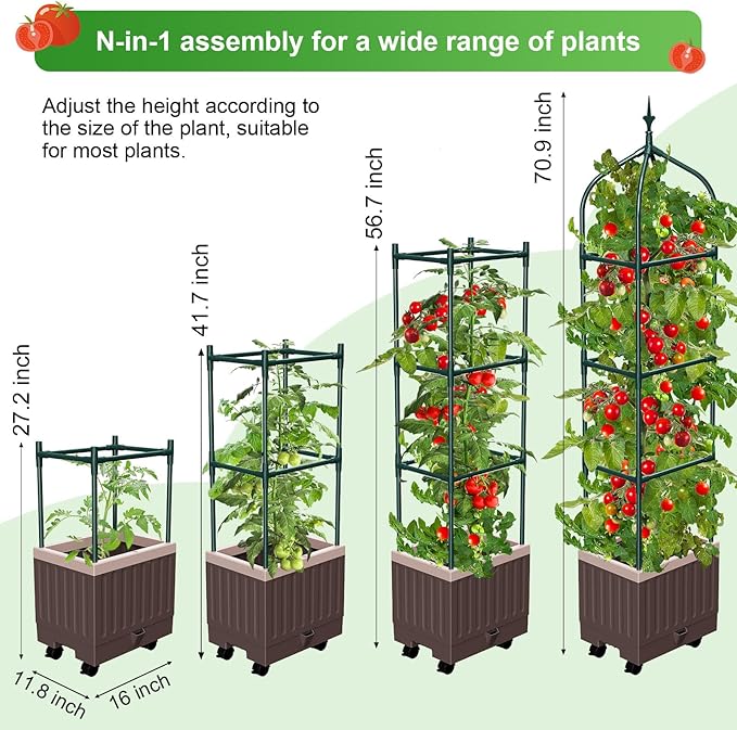 Raised Garden Bed Planter Boxes with Trellis,1pcs 70.9"Self-Watering Tomato Planter Boxes with Trellis for Climbing Vegetables Plants Flowers Tomato with Wheels,Use for Indoor Outdoor (Brown) MQHUAYU
