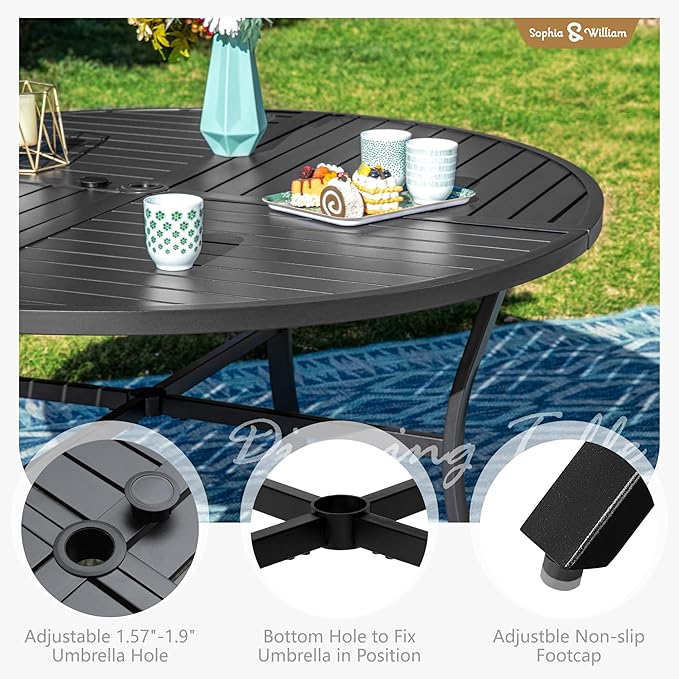 Sophia and William Patio Dining Set for 6, Outdoor Table and Chairs, Removable Seat Cushions, Black 54" Round Patio Dining Table,Blue SophiaWilliam