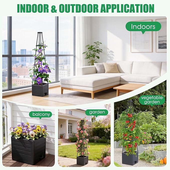 4 Pack Raised Garden Bed Planter Box with Trellis, 57" Self-Watering Tomato Cage Planters for Climbing Plants Vegetable Vine Flowers Outdoor & Indoor (57x9.8x9.8IN) MQHUAYU