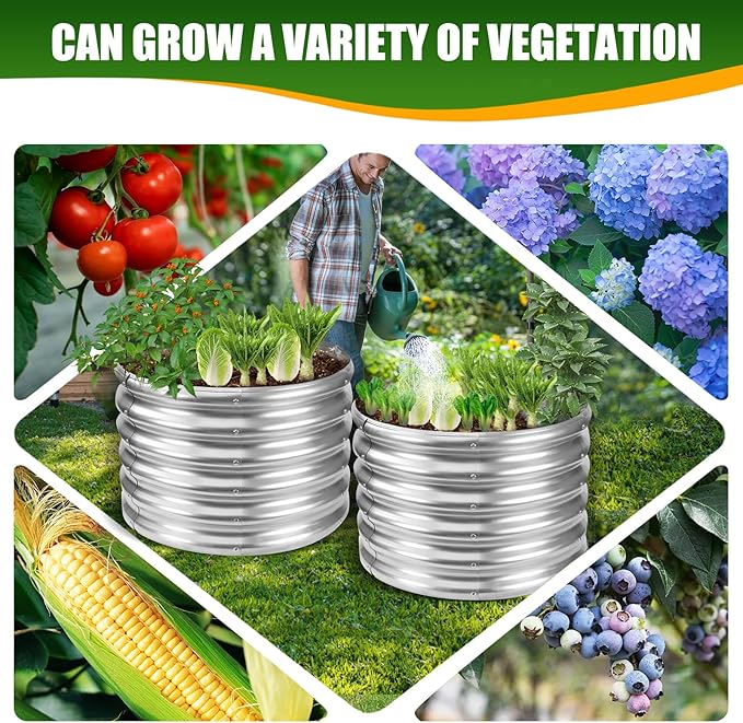17" Tall Elevated Round Metal Rised Garden Bed- 2'x2' in Size and 0.8MM Thick Durable Planter Box for Vegetables Flowers Succulent at Patio/Garden Outdoor (Silver, 2FT Diameter) TBMLC