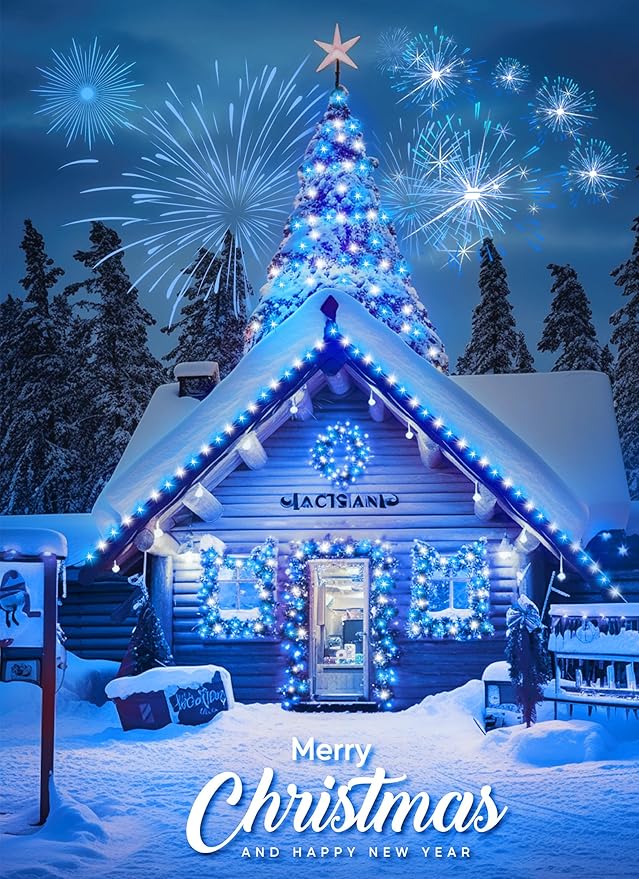 Minetom Solar String Lights for Outside, 33Ft 100 LED Outdoor Solar Fairy Lights, 8 Modes Balcony Lights for Tree Patio Christmas Party Decor (Blue and White) Minetom