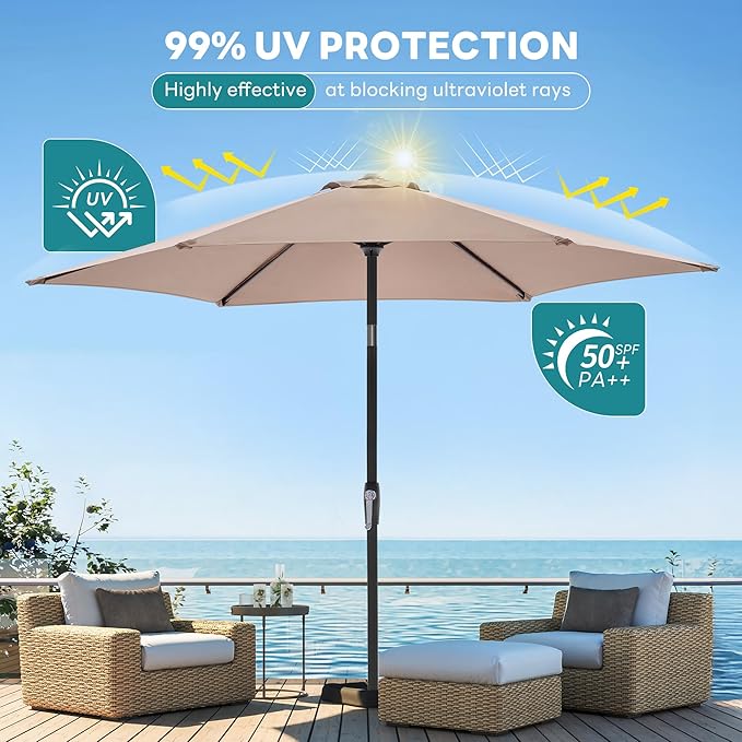 OLIXIS 7.5ft Patio Umbrella with Tilt and Crank Button & 8 Sturdy Ribs Waterproof, Patio Table Umbrella Perfect for Poolside, Terrace, Beach and Outdoor Restaurant, Khaki OLIXIS