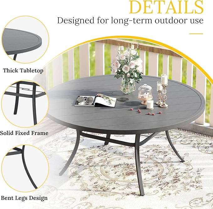 VICLLAX 60" Outdoor Round Patio Table for Lawn Garden, All Weather Metal Patio Dining Table with Adjustable Umbrella Hole, 8-10 Person, Grey HOME